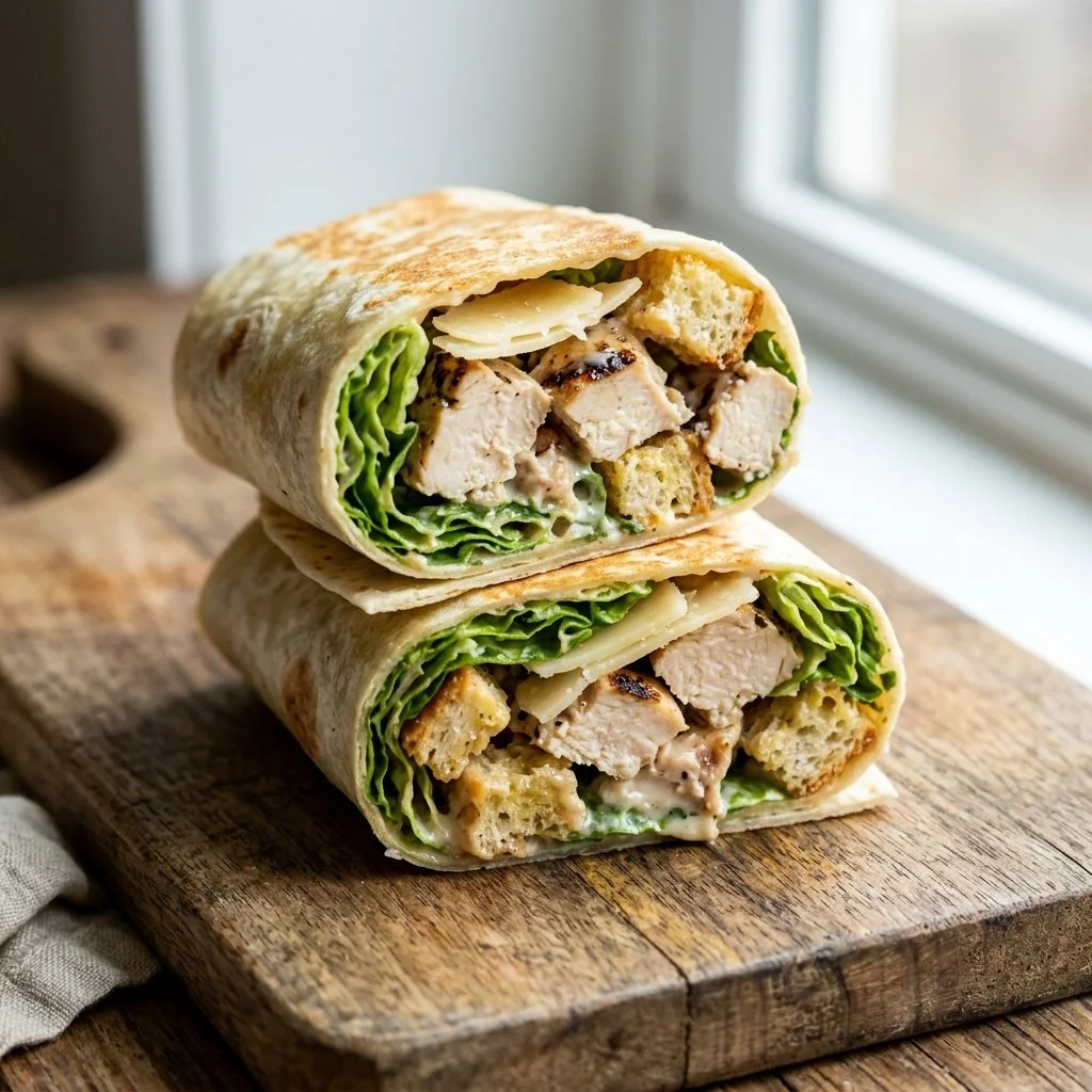 Delicious Chicken Caesar Wraps filled with grilled chicken and fresh romaine lettuce.