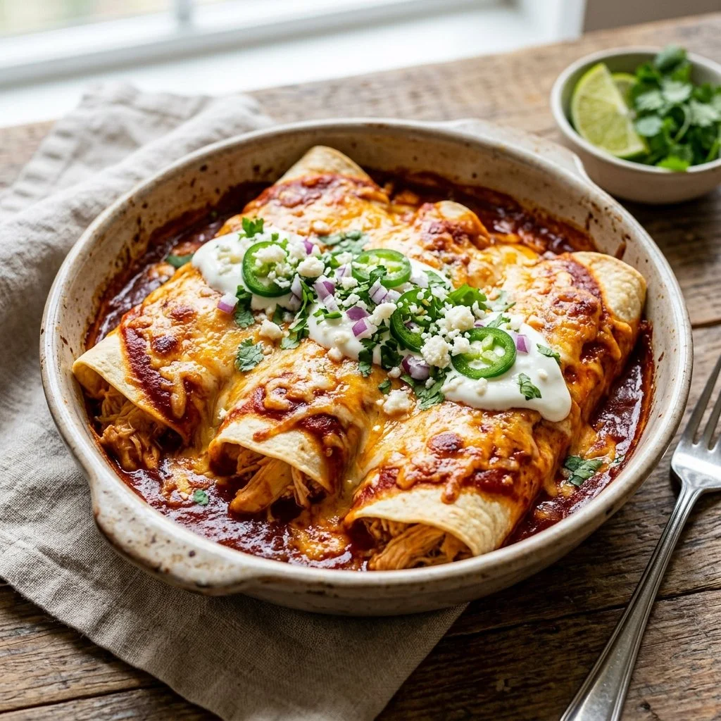 Homemade Chicken Enchiladas topped with cheese and fresh cilantro