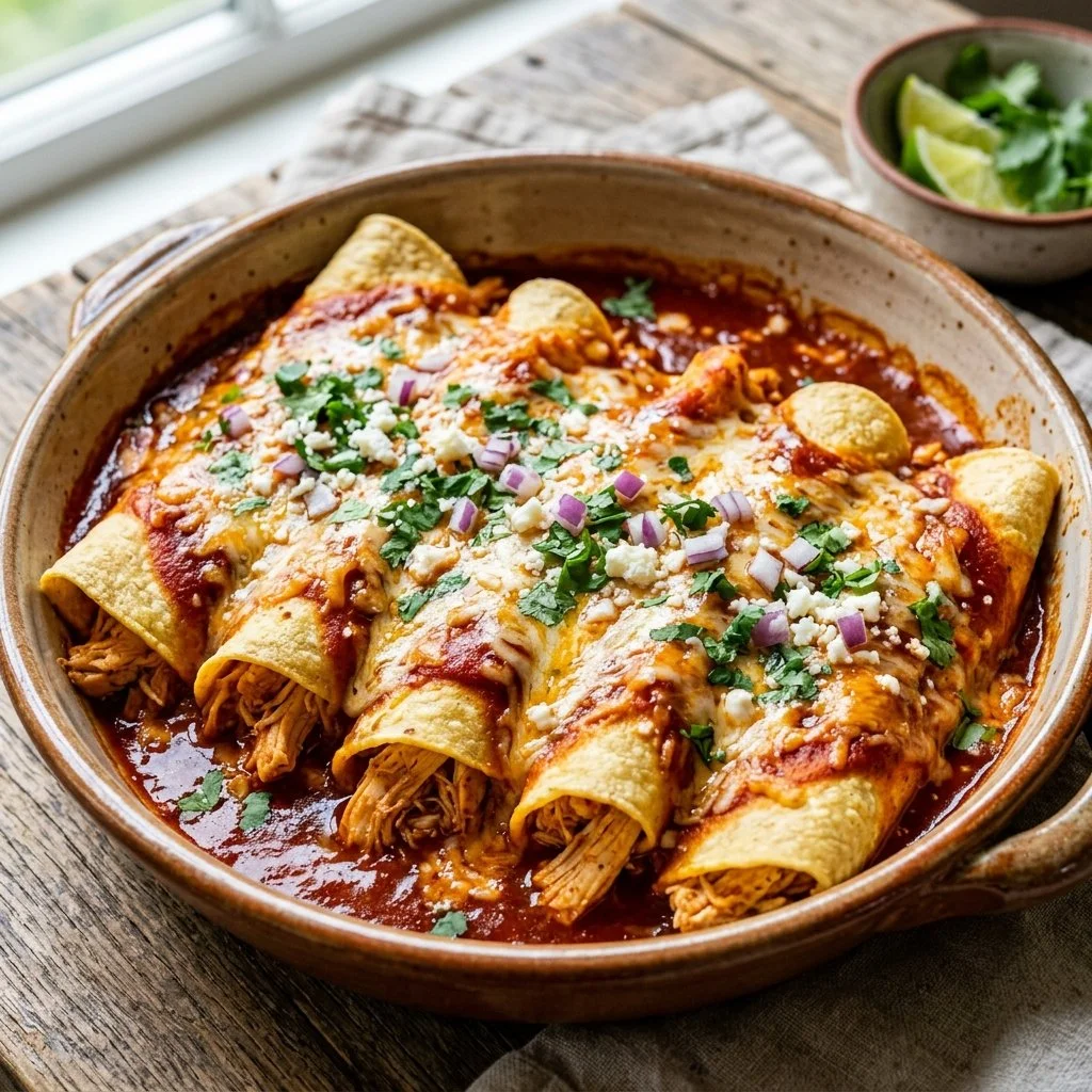 Plate of homemade Chicken Enchiladas topped with cheese and garnished with cilantro.