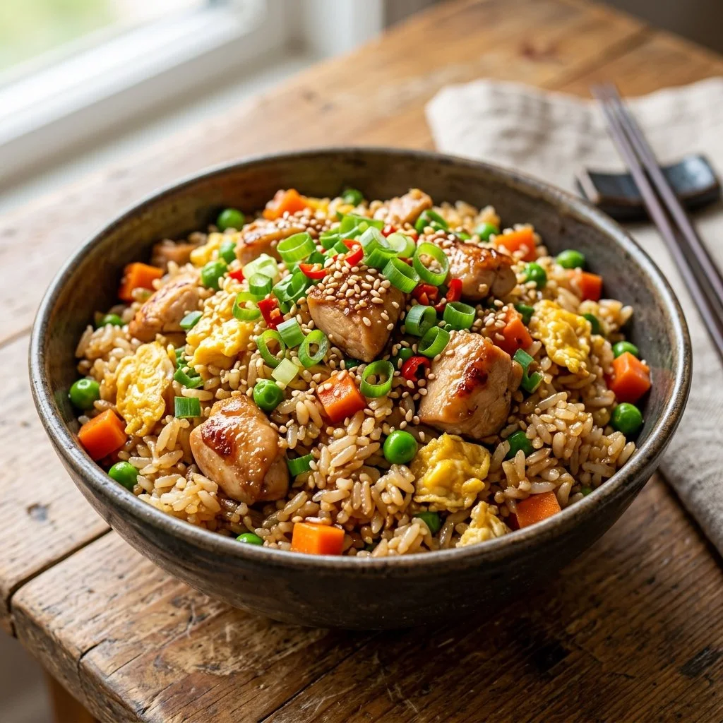 A plate of chicken fried rice garnished with green onions and vegetables.