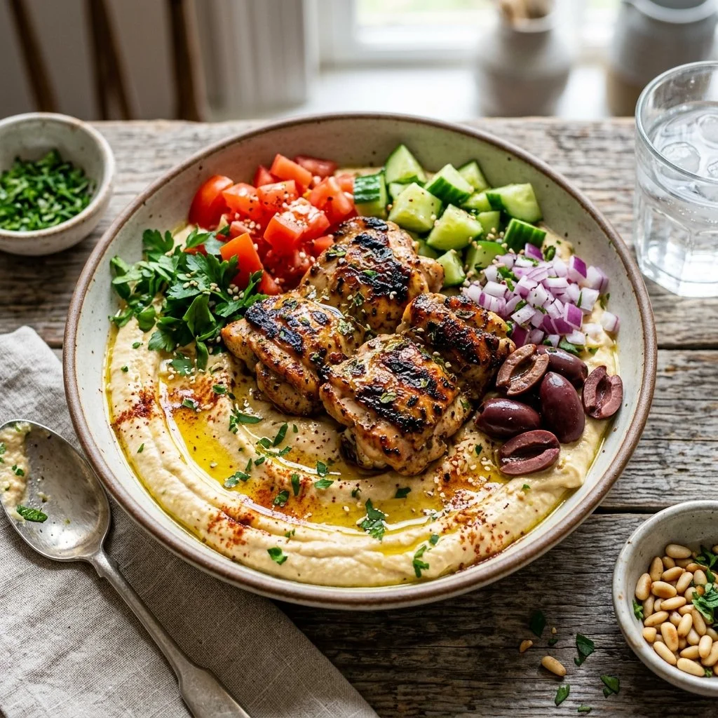 Delicious Chicken Hummus Bowl with fresh vegetables and herbs