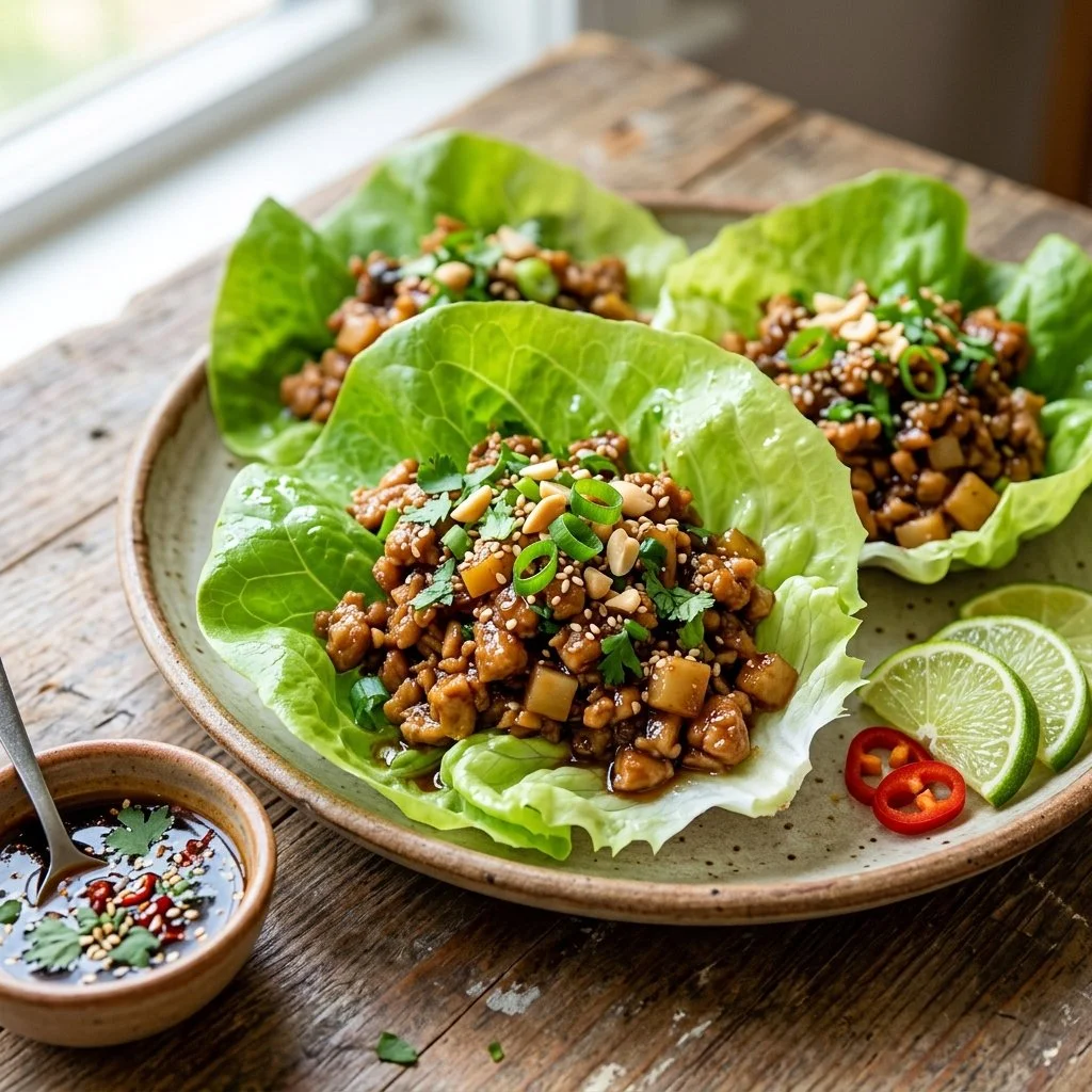 Healthy Chicken Lettuce Wraps served with fresh vegetables and dipping sauce