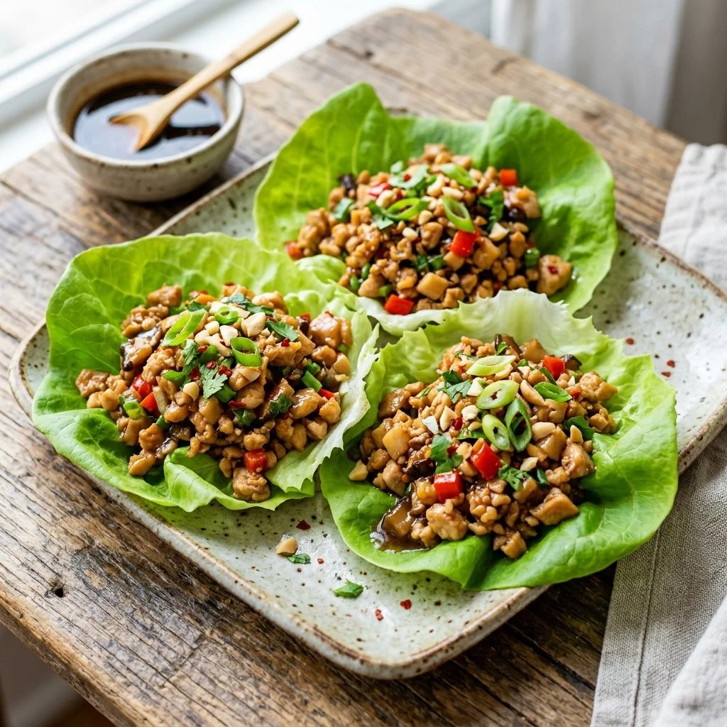 Delicious chicken lettuce wraps served fresh with vegetables and sauce