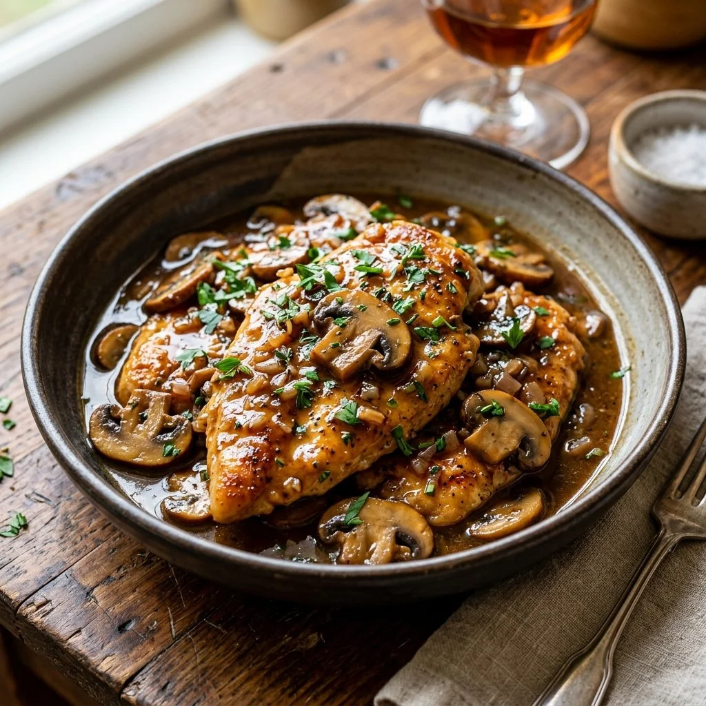 Delicious Chicken Marsala served with mushrooms and a wine sauce on a plate.