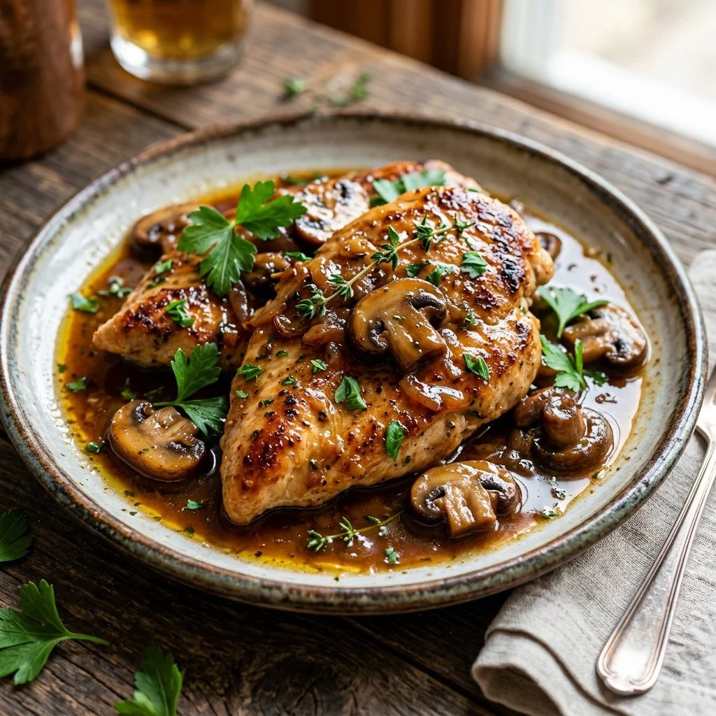 Delicious Chicken Marsala served with mushrooms and herbs