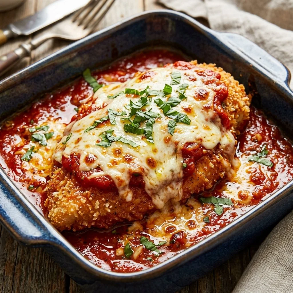Plate of Chicken Parmesan with marinara sauce and melted cheese