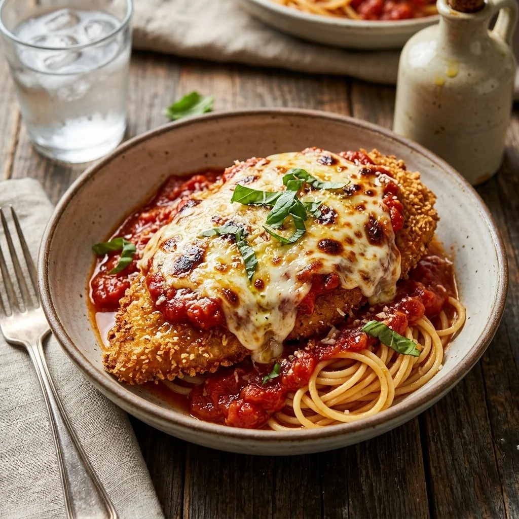 Delicious Chicken Parmesan topped with melted cheese and fresh herbs.