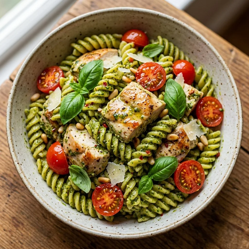 Delicious serving of Chicken Pesto Pasta with fresh basil and grilled chicken.