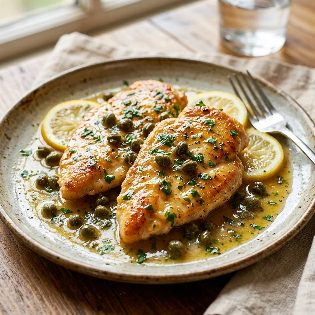 Plate of Chicken Piccata with lemon and capers