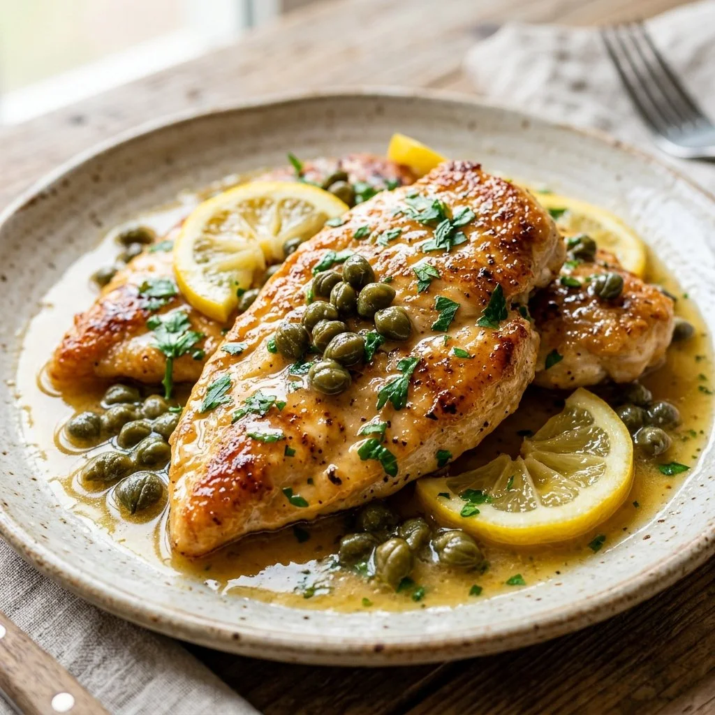 Delicious Chicken Piccata served with a lemon caper sauce.