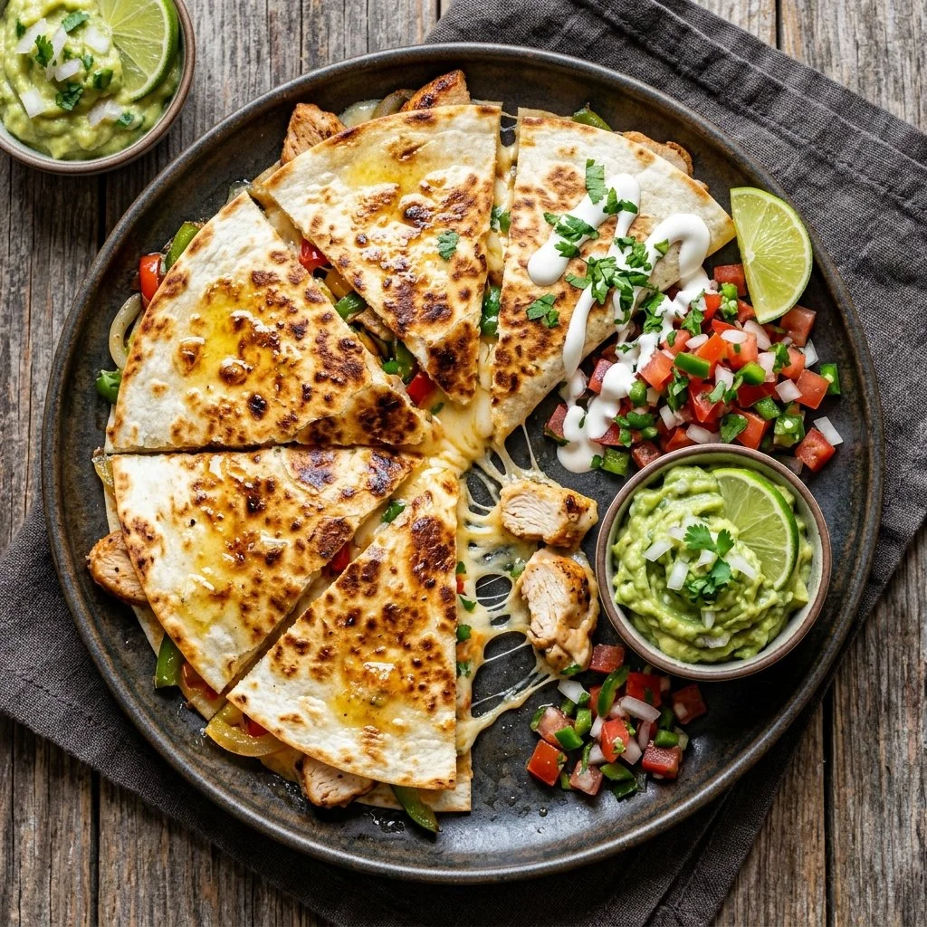 Homemade Chicken Quesadillas served with salsa and guacamole
