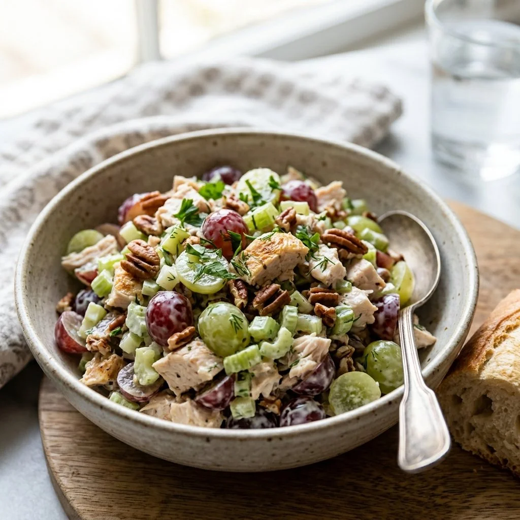 Delicious Chicken Salad with Grapes served in a bowl with fresh ingredients