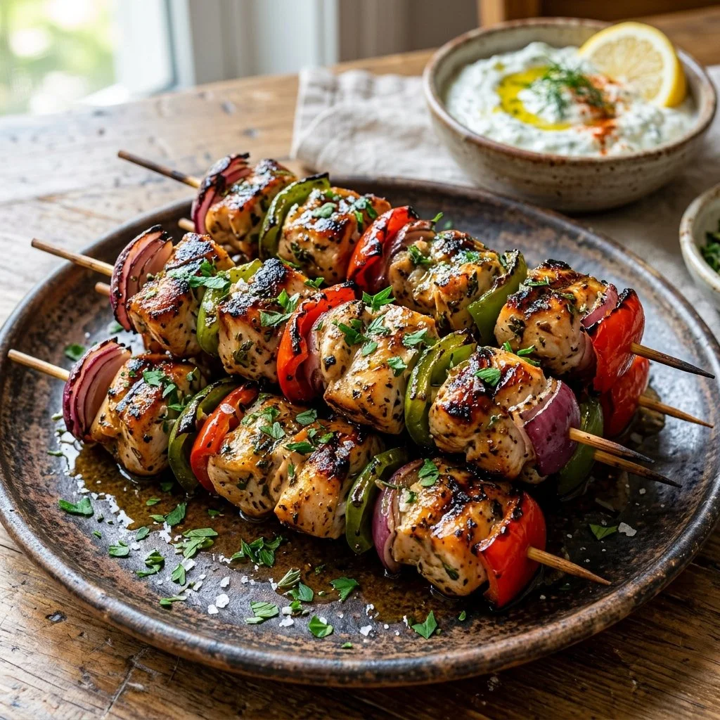 Grilled chicken souvlaki skewers served with fresh vegetables and tzatziki sauce