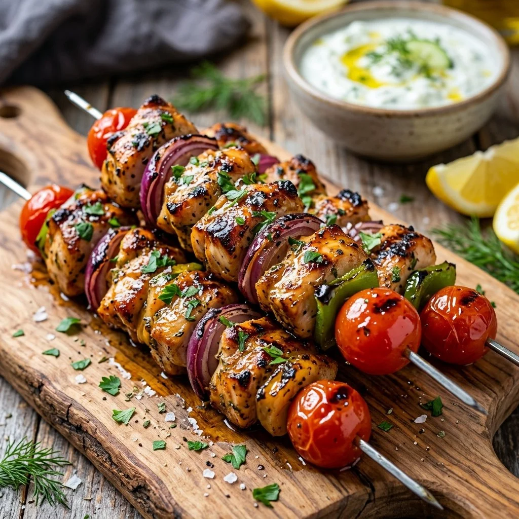 Grilled Chicken Souvlaki Skewers garnished with vegetables on a platter