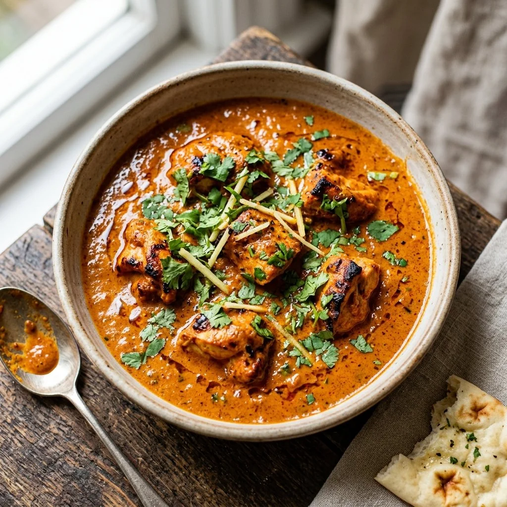 Delicious Chicken Tikka Masala served with naan and rice