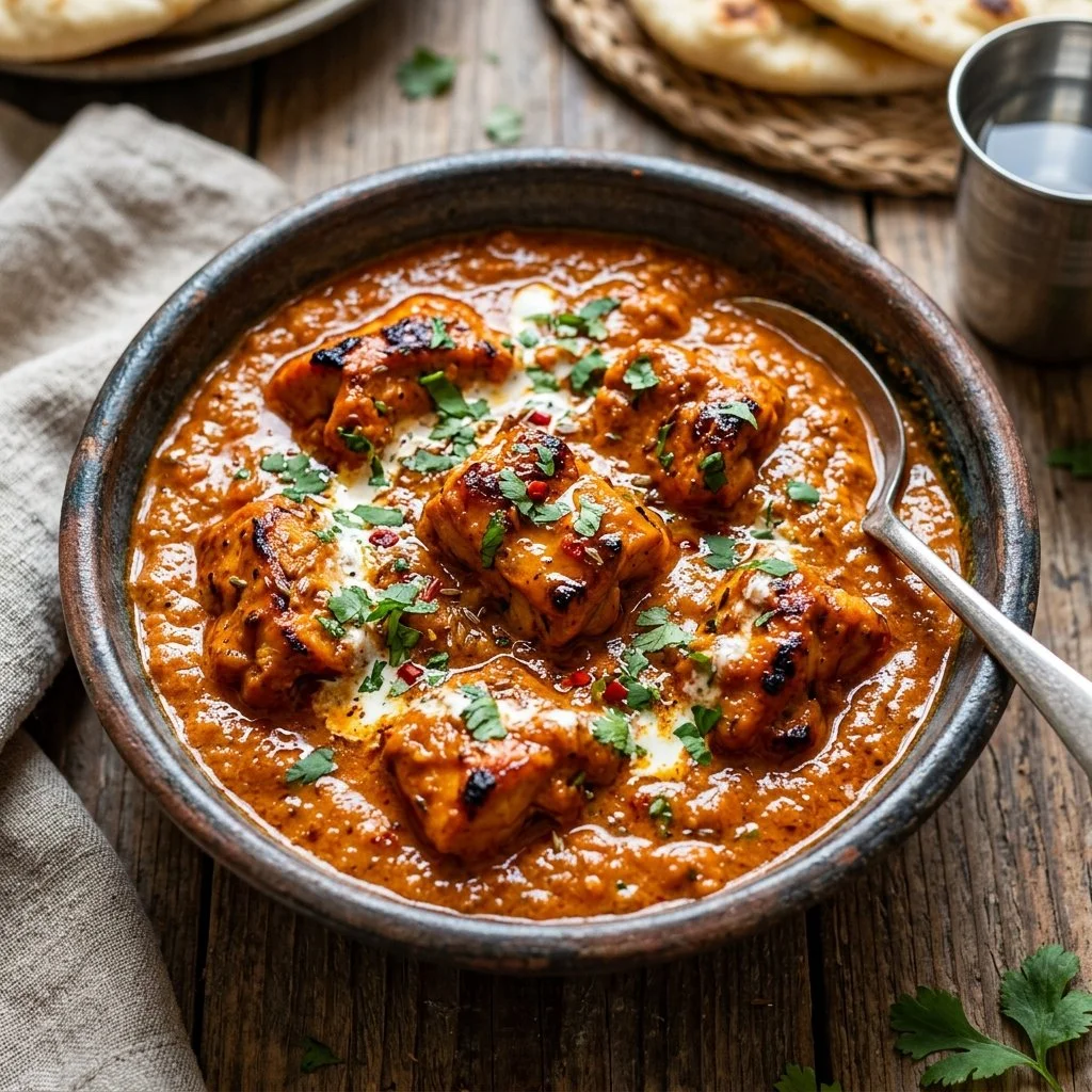 Delicious Chicken Tikka Masala served with rice and garlic naan