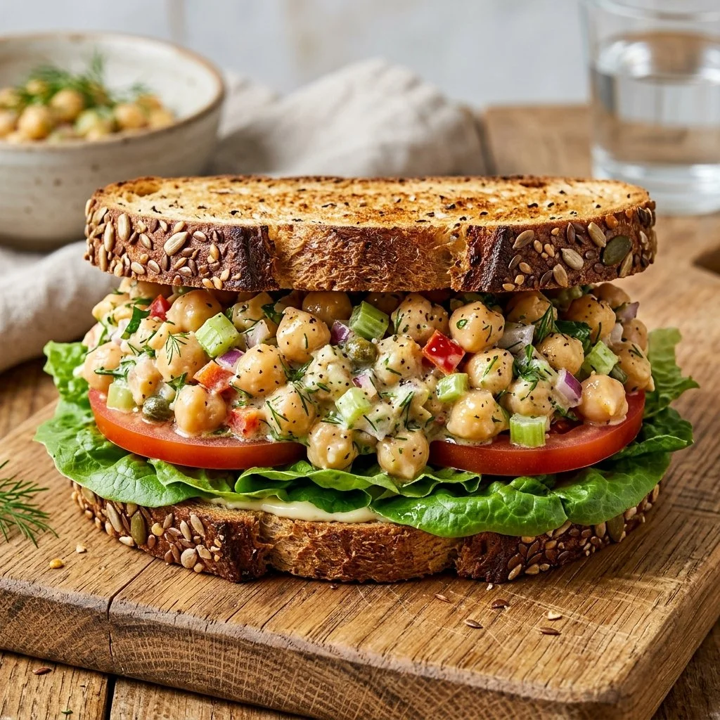 Chickpea salad sandwich filled with fresh vegetables and herbs