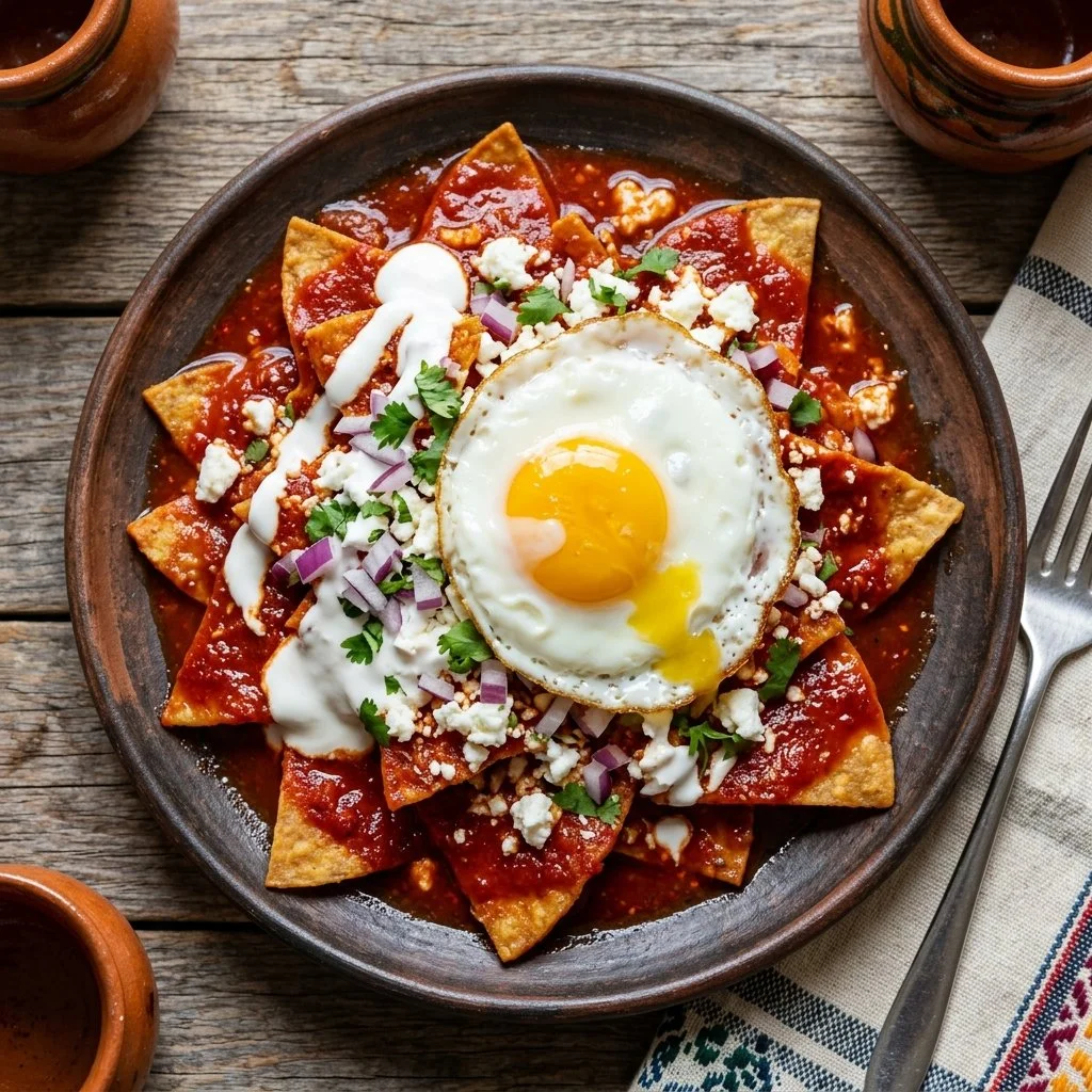 Plate of Chilaquiles Rojos topped with avocado, cheese, and salsa
