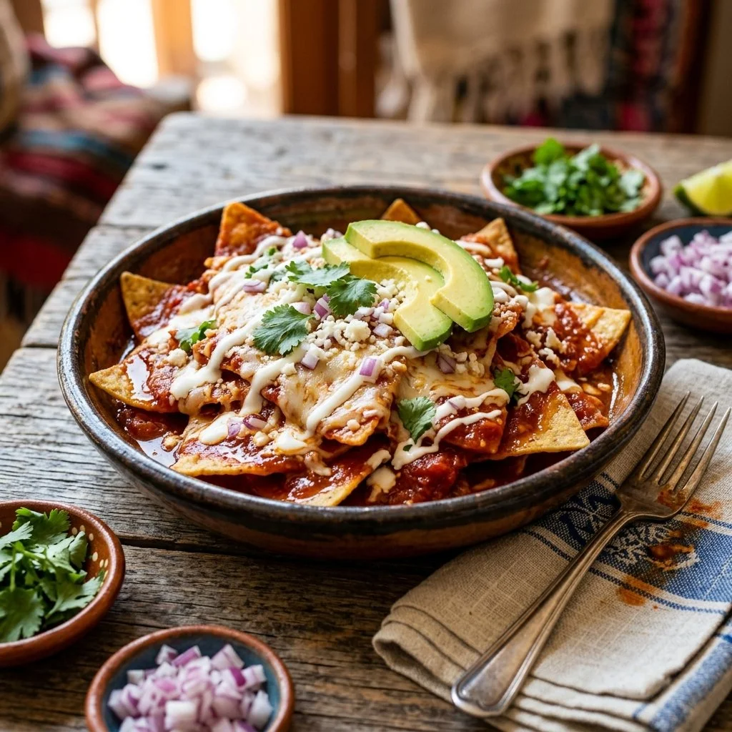 Plate of Chilaquiles Rojos with red sauce, tortillas, and toppings