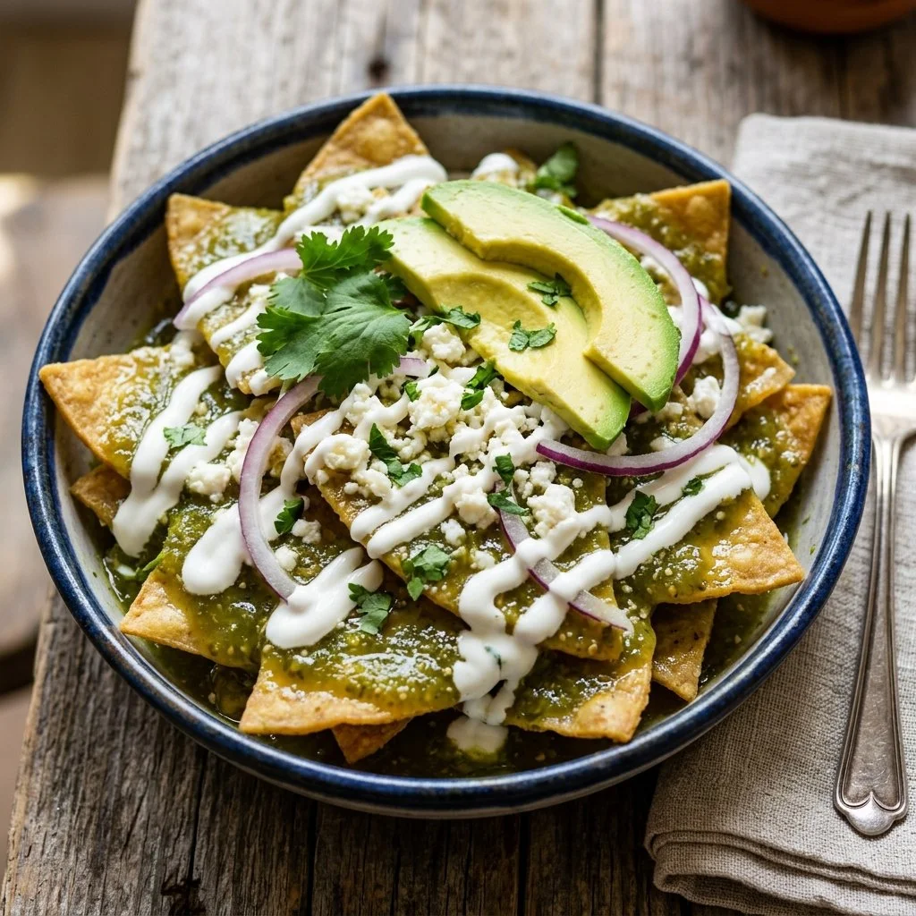 Delicious chilaquiles verdes topped with salsa and fresh ingredients