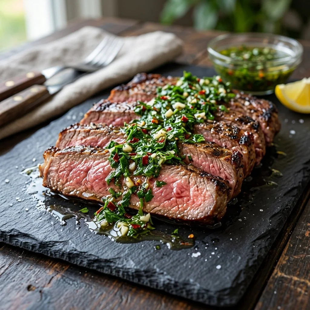 Delicious chimichurri steak garnished with fresh herbs
