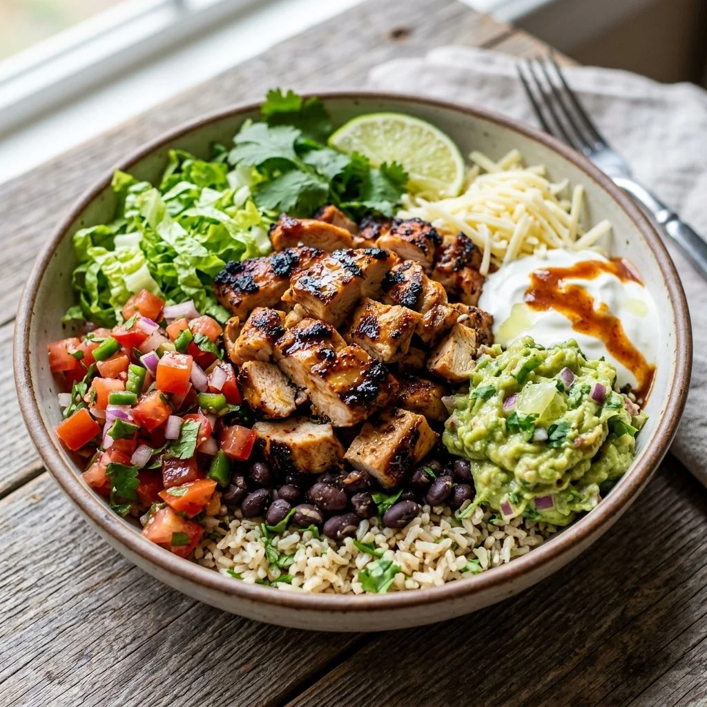 Delicious Chipotle Chicken Burrito Bowls served with fresh ingredients.