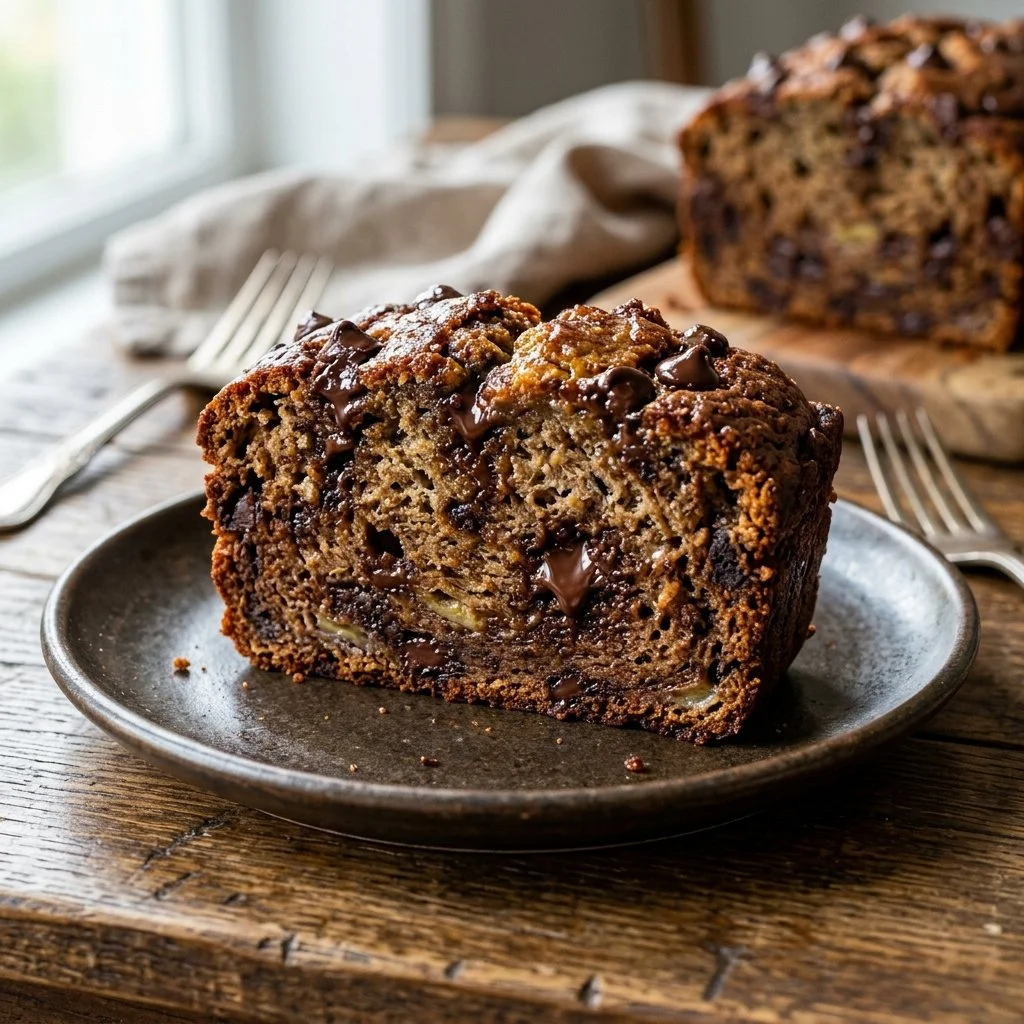 Delicious chocolate chip banana bread sliced on a wooden board.
