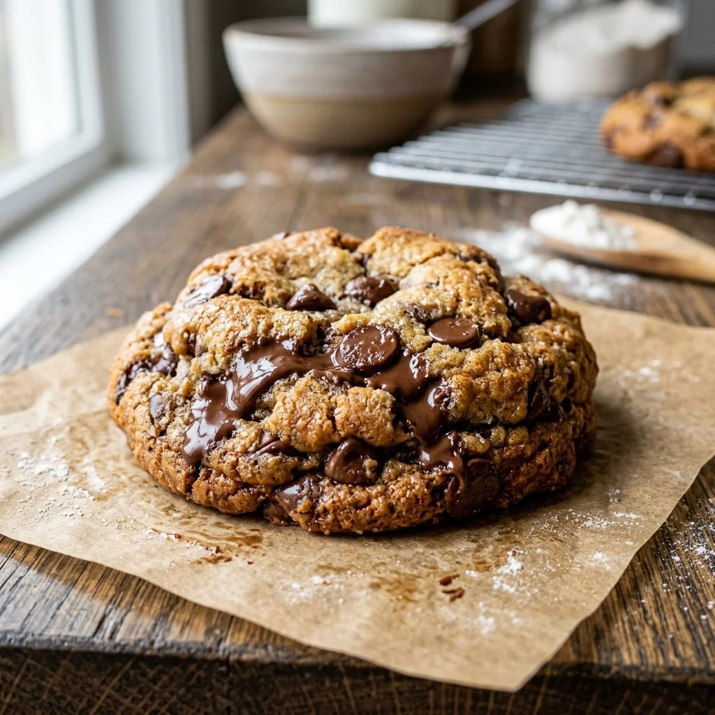 Freshly baked chocolate chip cookies on a cooling rack