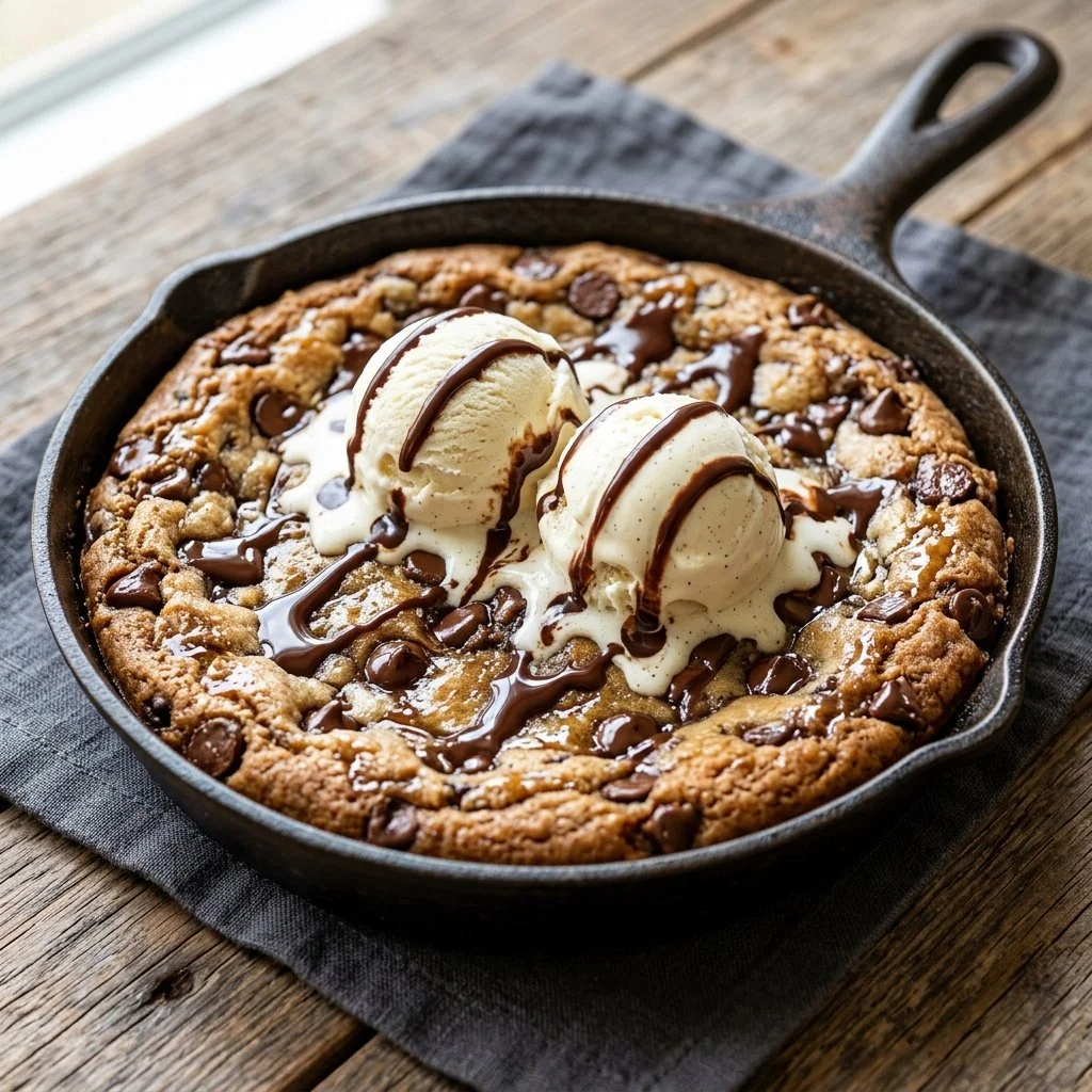 Delicious Chocolate Chip Pizookie served with vanilla ice cream