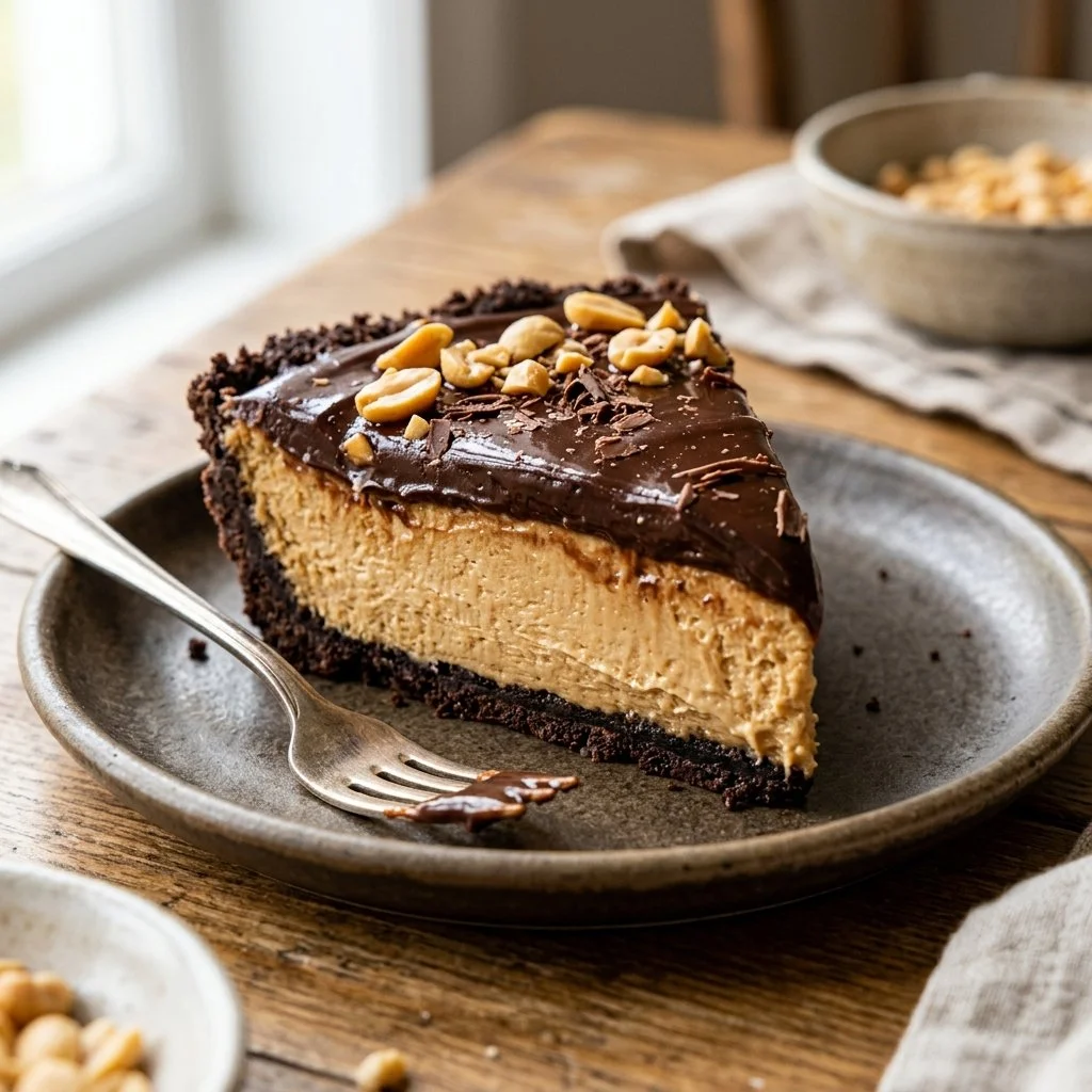 Delicious Chocolate Peanut Butter Pie topped with chocolate and peanut butter drizzle