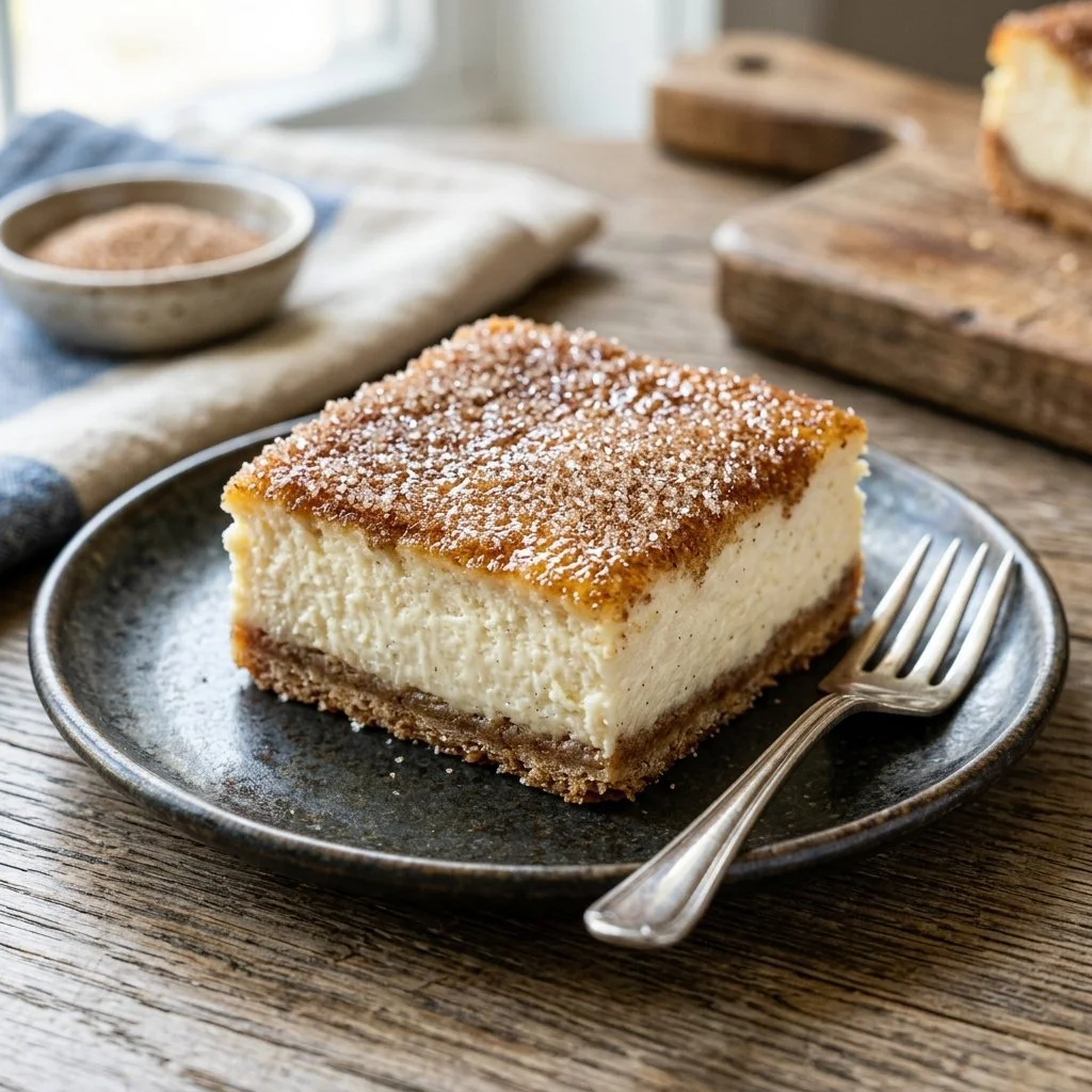 Delicious churro cheesecake bars topped with cinnamon sugar.