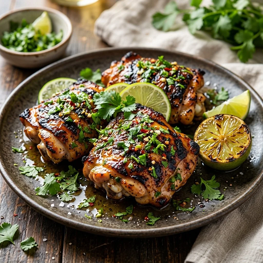 Cilantro lime chicken garnished with fresh cilantro and lime slices