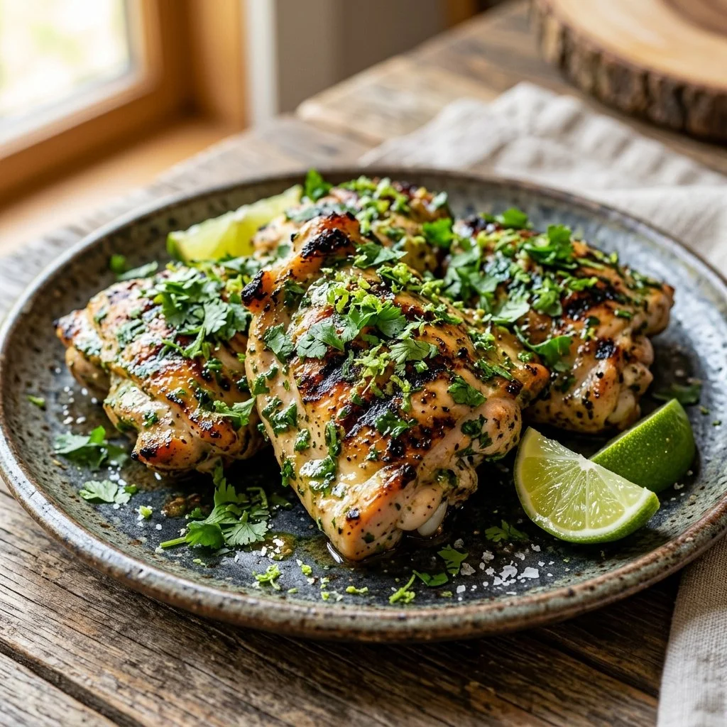 Delicious cilantro lime chicken served with fresh herbs and lime wedges.
