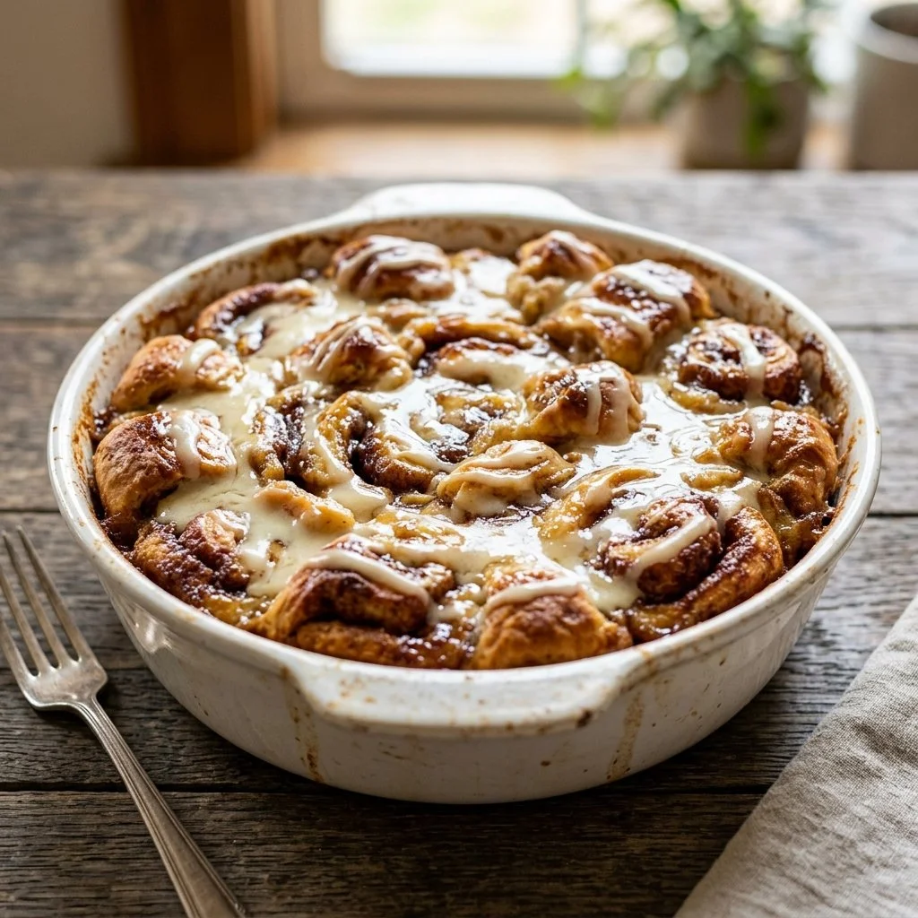 Delicious cinnamon roll casserole topped with icing fresh out of the oven