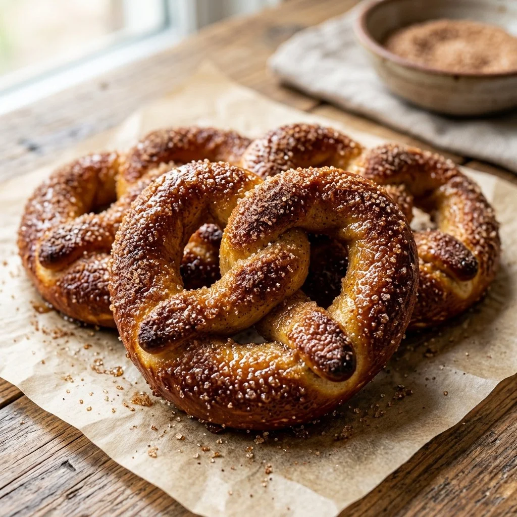 Freshly baked Cinnamon Sugar Pretzels topped with sweet cinnamon sugar.
