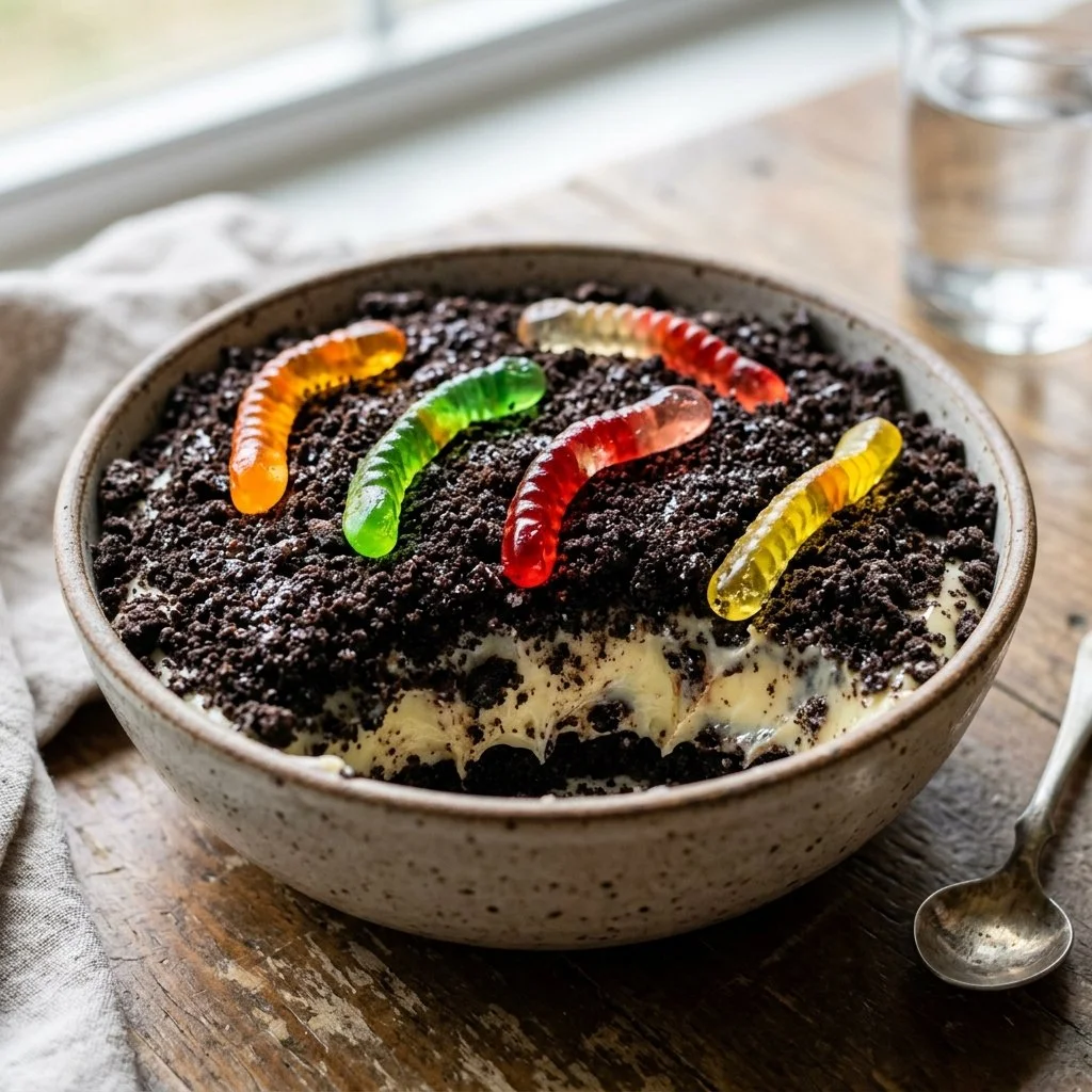 Classic Dirt Cake topped with crushed Oreos, gummy worms, and chocolate pudding