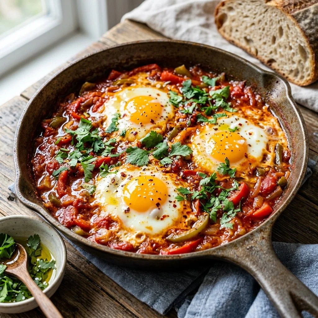 Plate of classic Shakshuka with poached eggs and spiced tomato sauce
