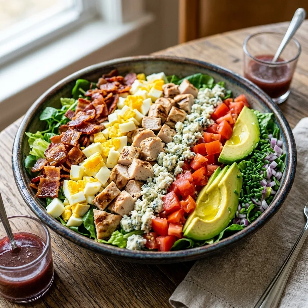 Delicious Cobb Salad with fresh ingredients including chicken, bacon, and avocado.