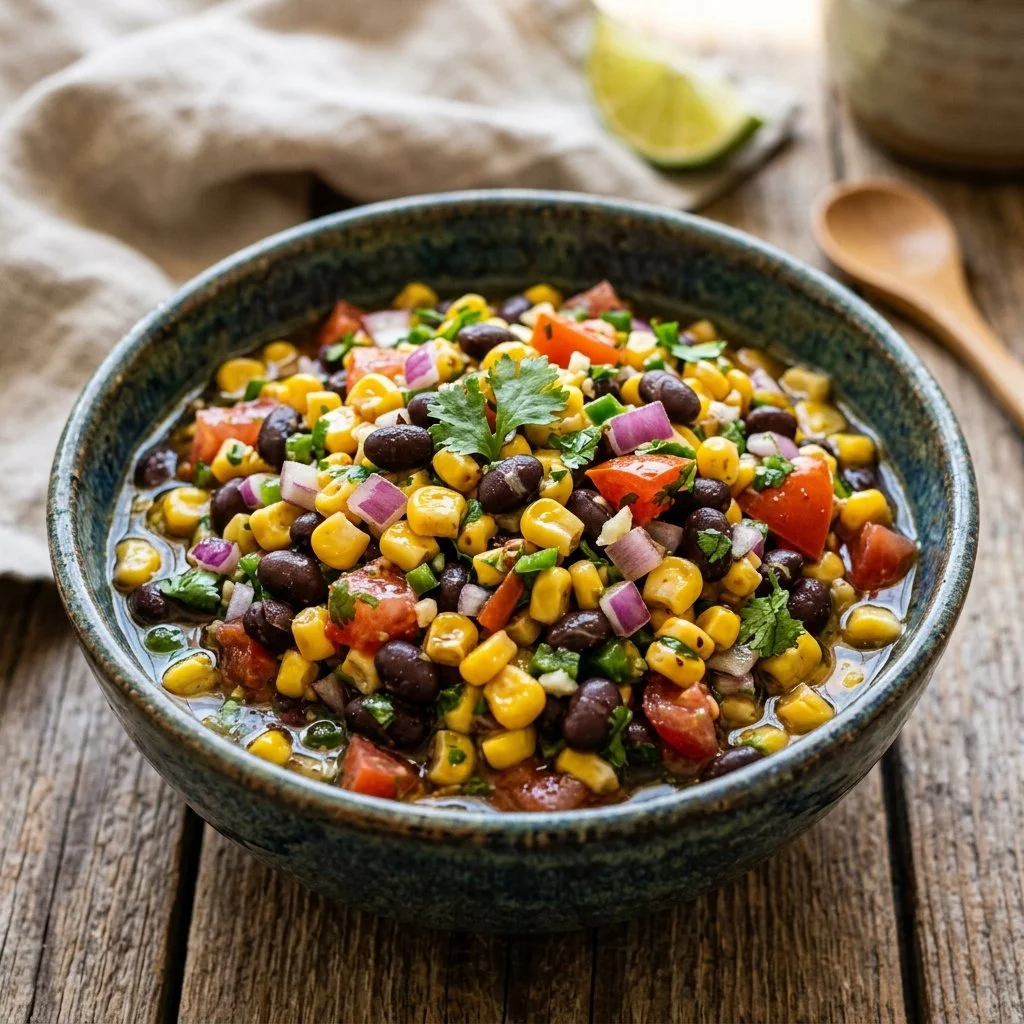 Bowl of colorful Corn and Black Bean Salsa with fresh ingredients