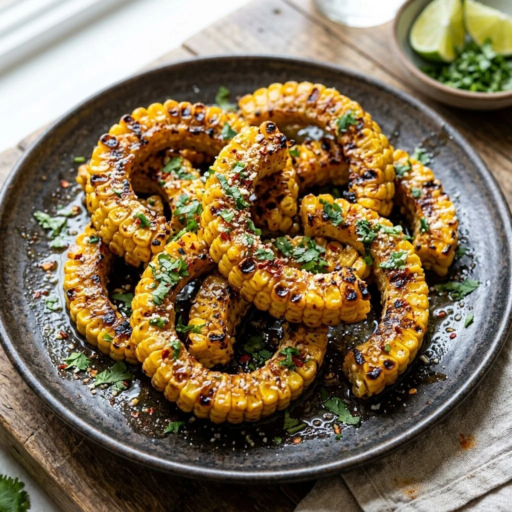 Plate of grilled corn ribs with spices and herbs