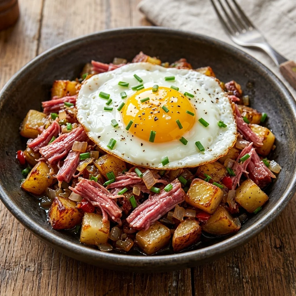 Delicious plate of corned beef hash served with a side of eggs