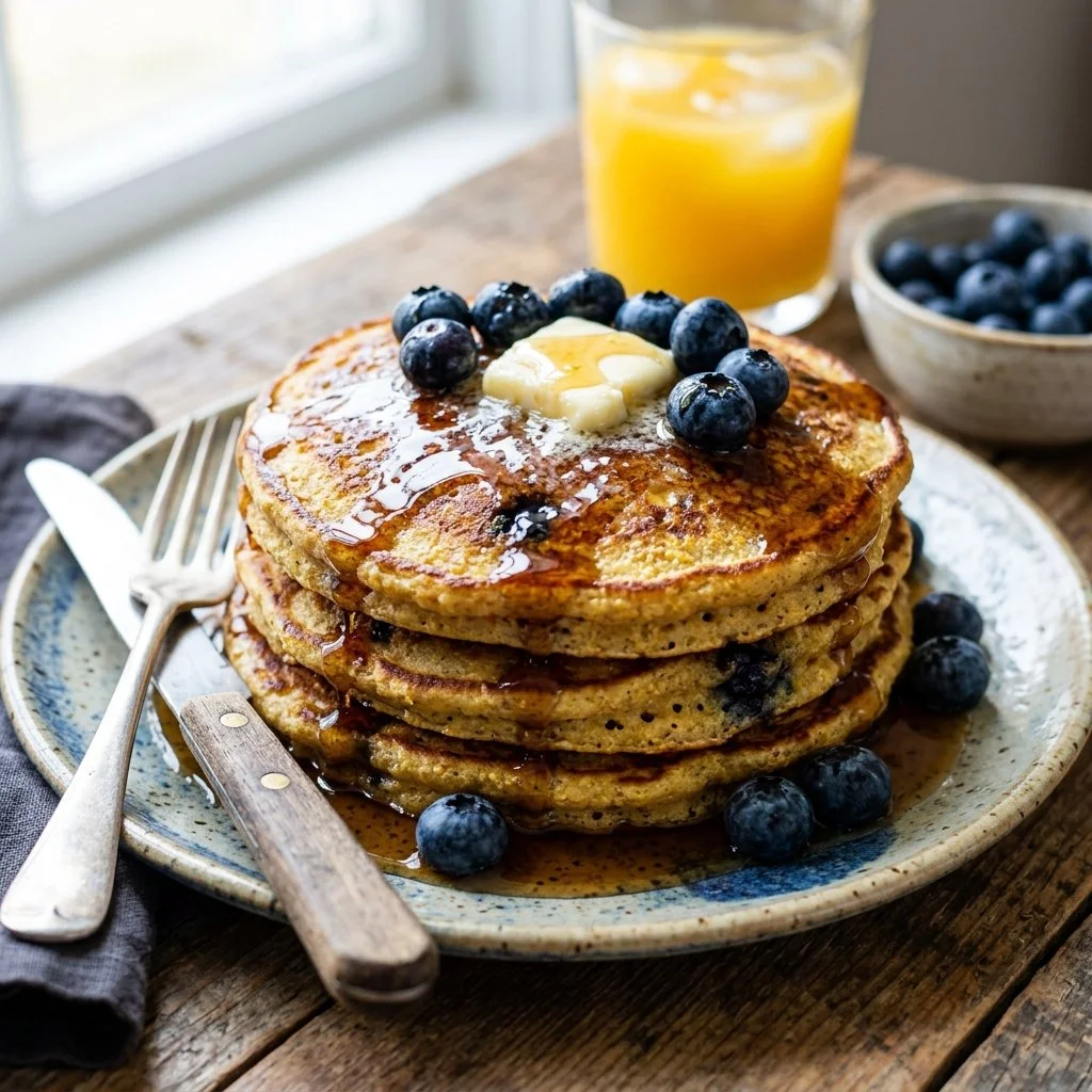 Fluffy cornmeal pancakes stacked on a plate with syrup and berries