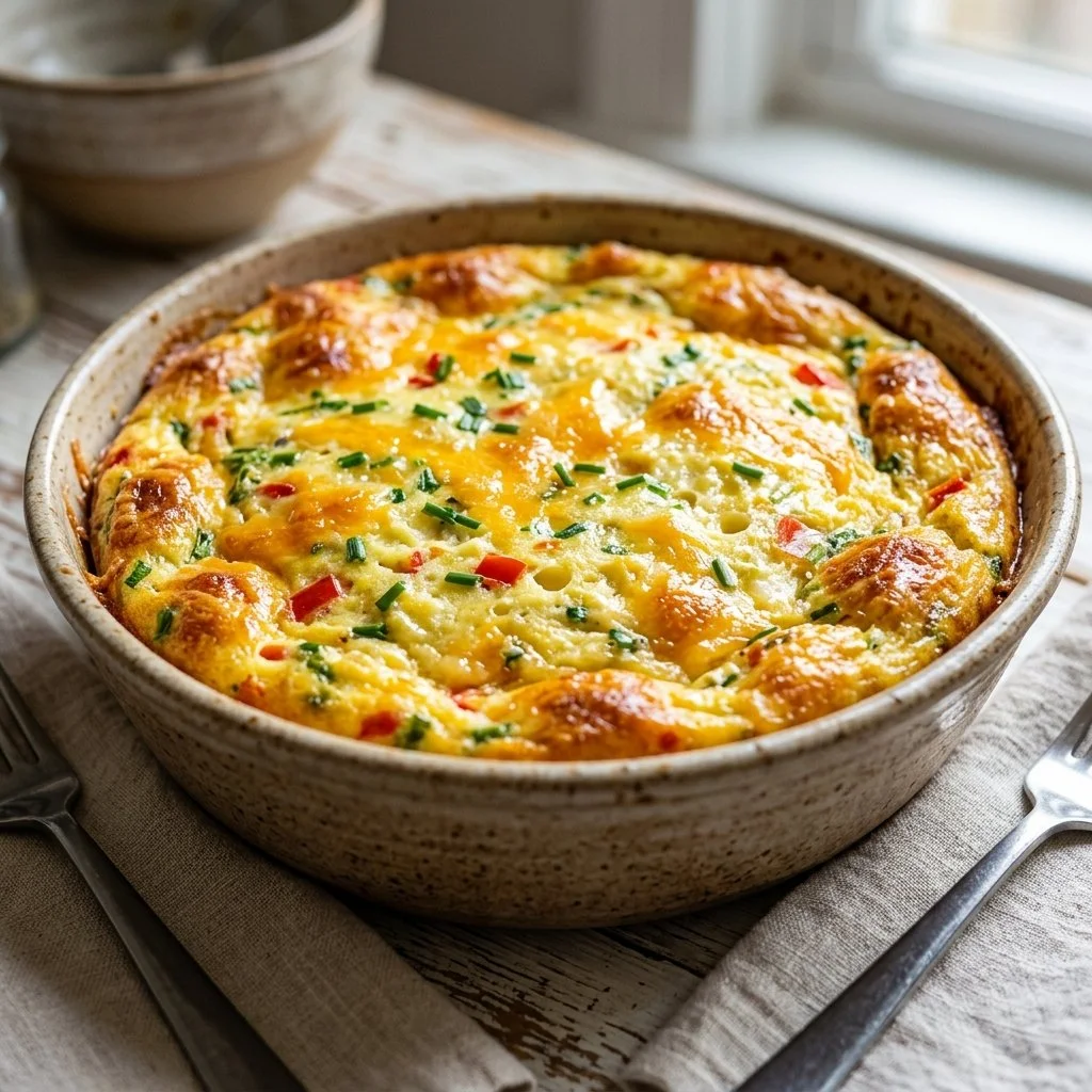 Delicious cottage cheese egg bake topped with herbs and vegetables.