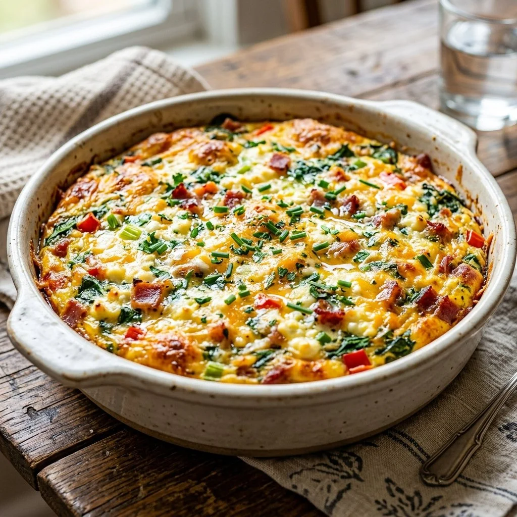 Delicious Cottage Cheese Egg Bake served on a plate with herbs and cheese