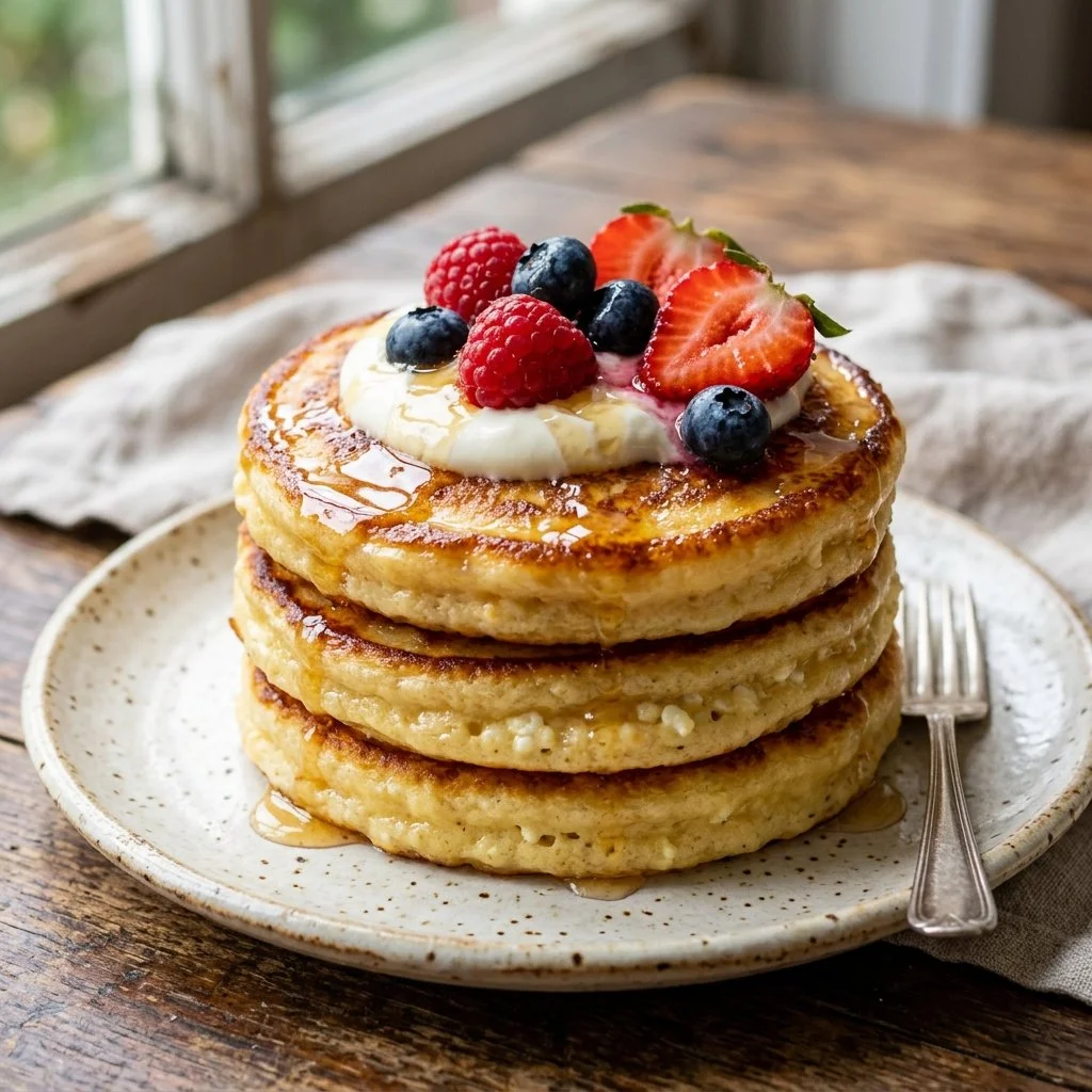 Fluffy cottage cheese pancakes served with syrup and berries
