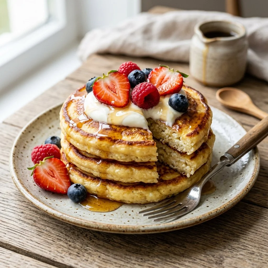 Fluffy cottage cheese pancakes served with fresh fruits and syrup