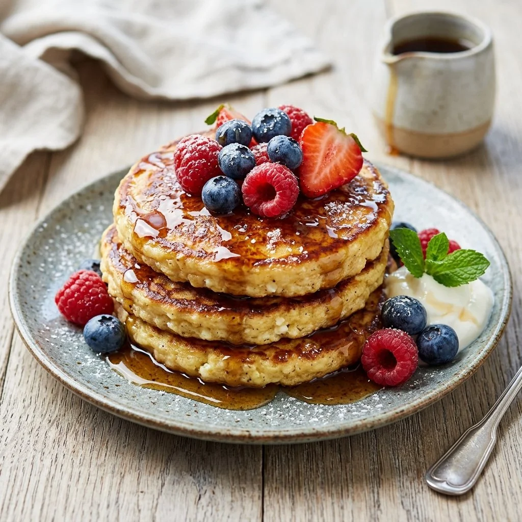 Fluffy cottage cheese pancakes served with fresh berries and syrup
