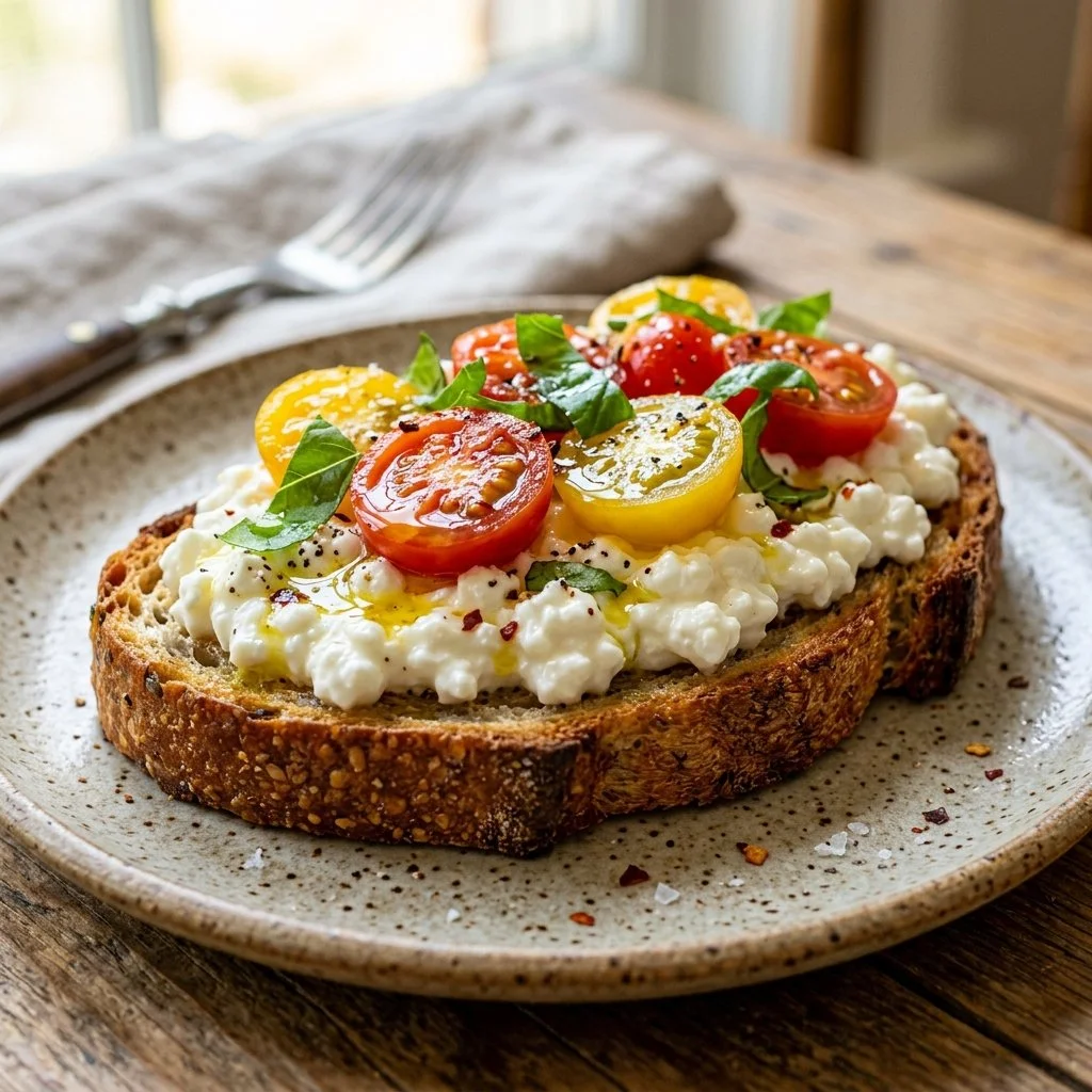 Delicious Cottage Cheese Toast topped with fresh herbs and vegetables