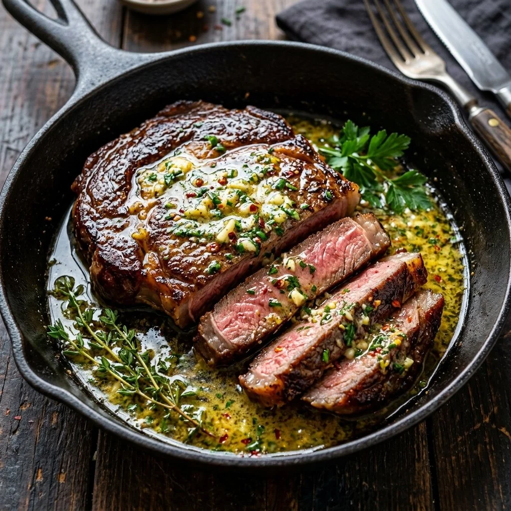Juicy Cowboy Butter Steak seasoned and cooked to perfection.