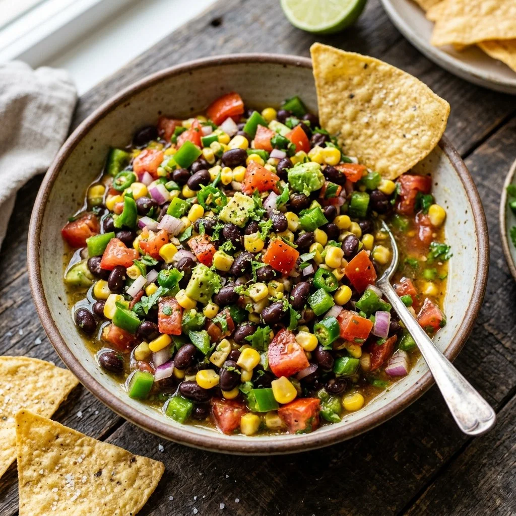 Colorful Cowboy Caviar with beans, corn, tomatoes, and avocado salad